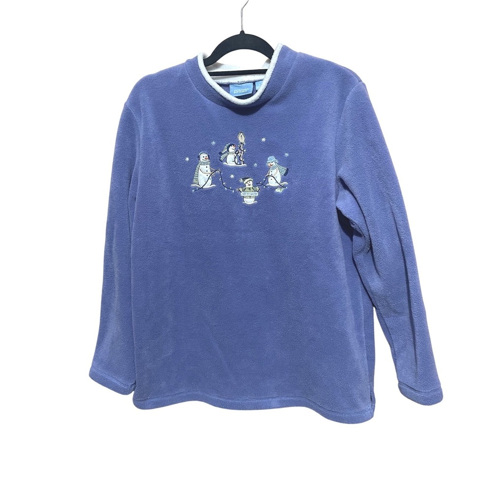 Croft & Barrow Sport L Womens Fleece Pullover Embroidered Snowmen Retro Holiday